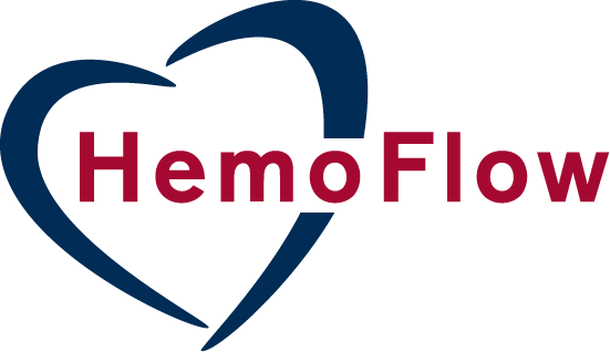 HemoFlow logo: a blue abstract heart outline with the brand name HemoFlow in burgundy text